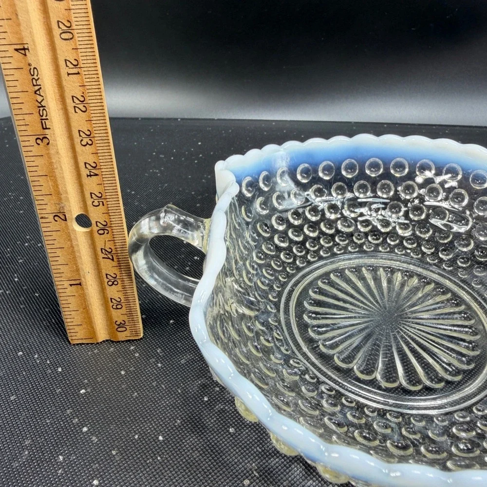Anchor Hocking Moonstone Hobnail Opalescent Glass Bowl Ruffled Edge W‎ Handle